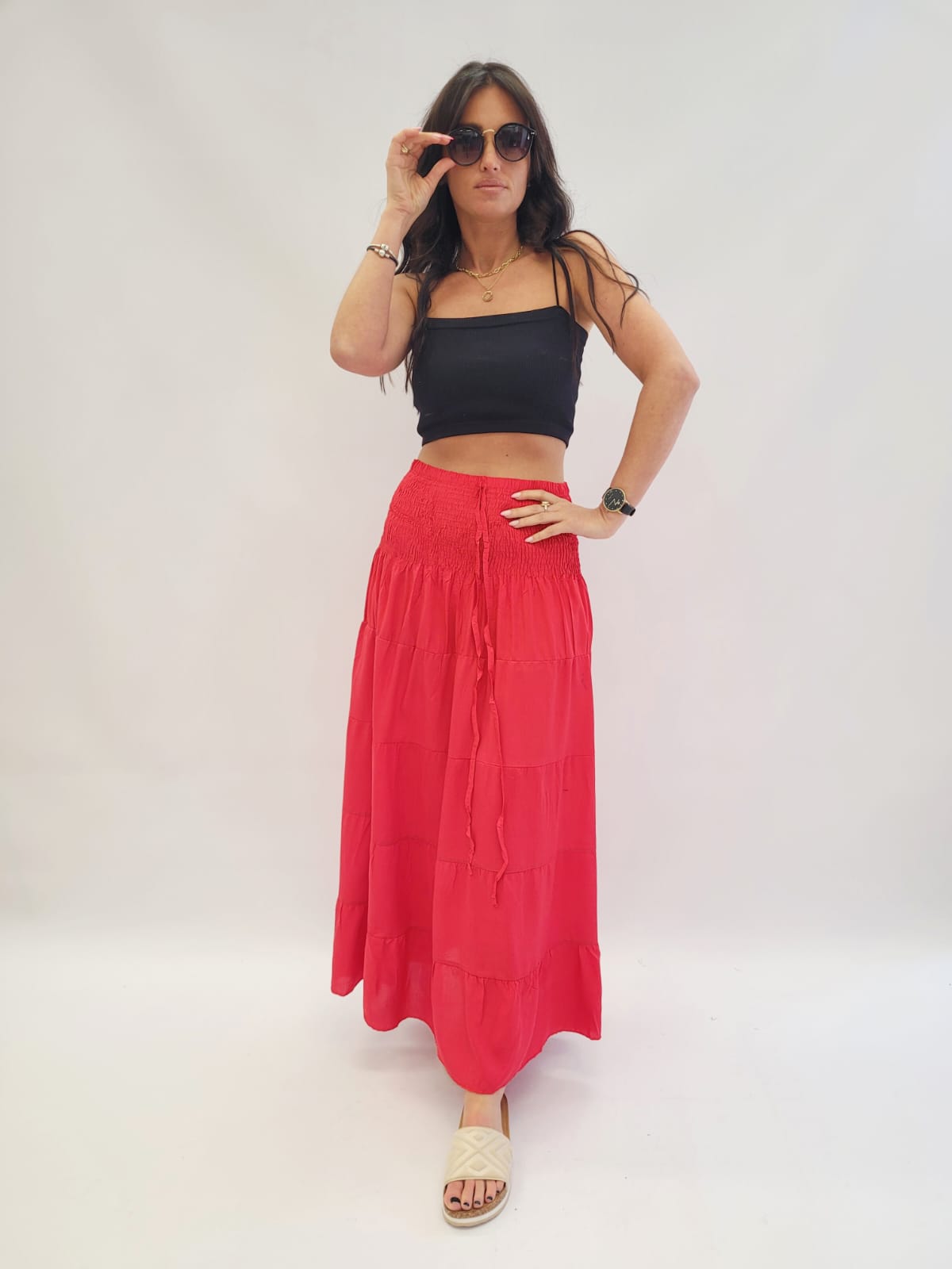 Spódnica długa z szeroką gumką w pasie gładka czerwona