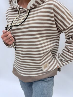Bluza damska z kapturem paski cappuccino