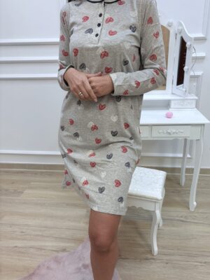 Koszula nocna długi rękaw- szara w serduszka