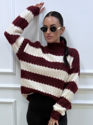 Sweter damski w bordowo-ecru pasy(2)