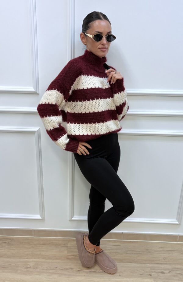 Sweter damski w bordowo-ecru pasy(2) - obrazek 3