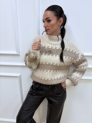 Sweter damski w pasy- beżowy