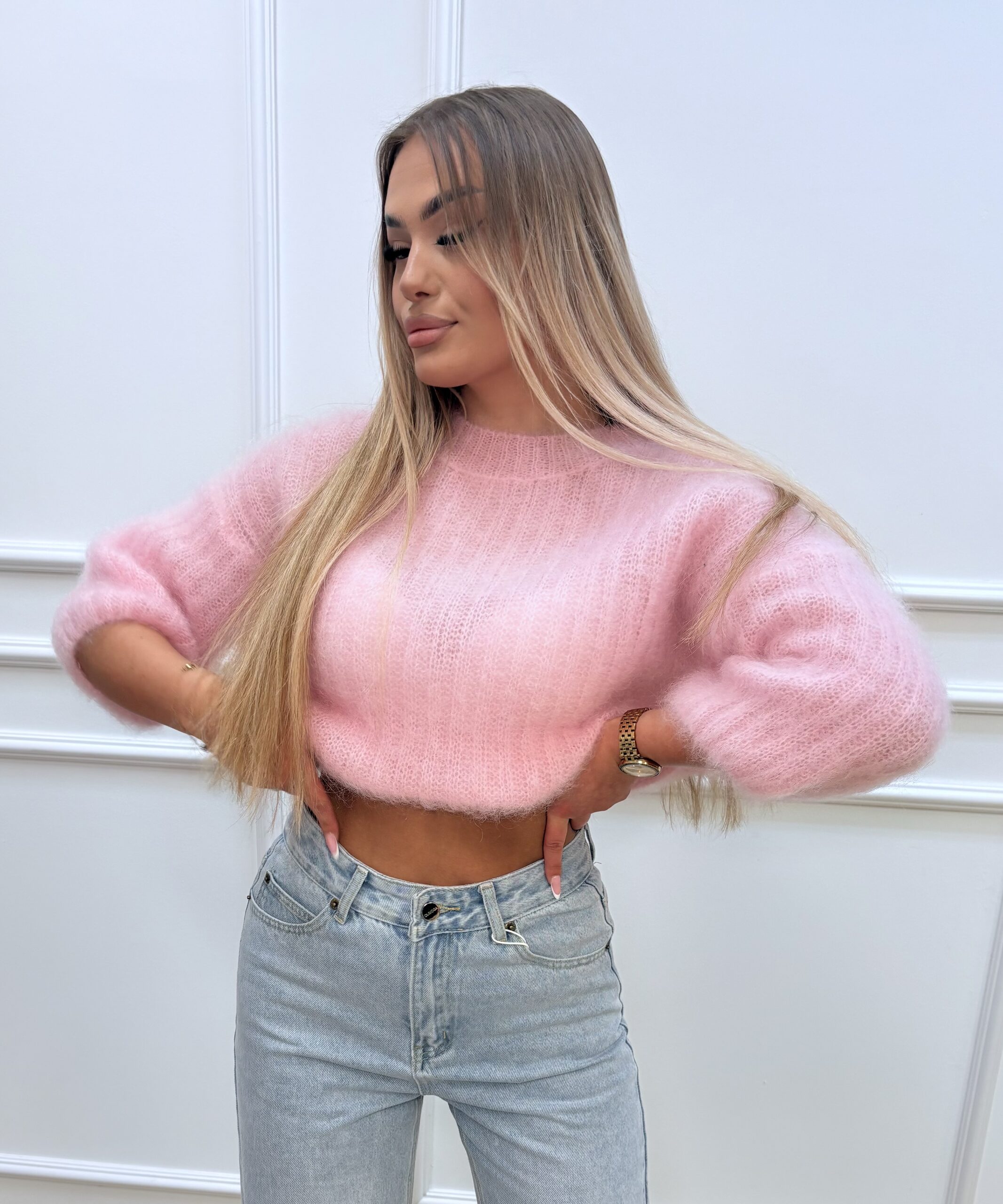 Sweter damski moher z krótkim rękawem - różowy - obrazek 2