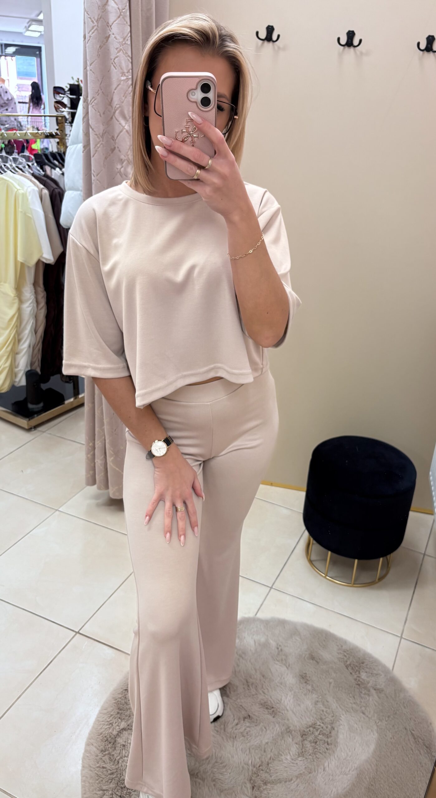 Komplet damski crop top+ spodnie- beżowy - obrazek 3
