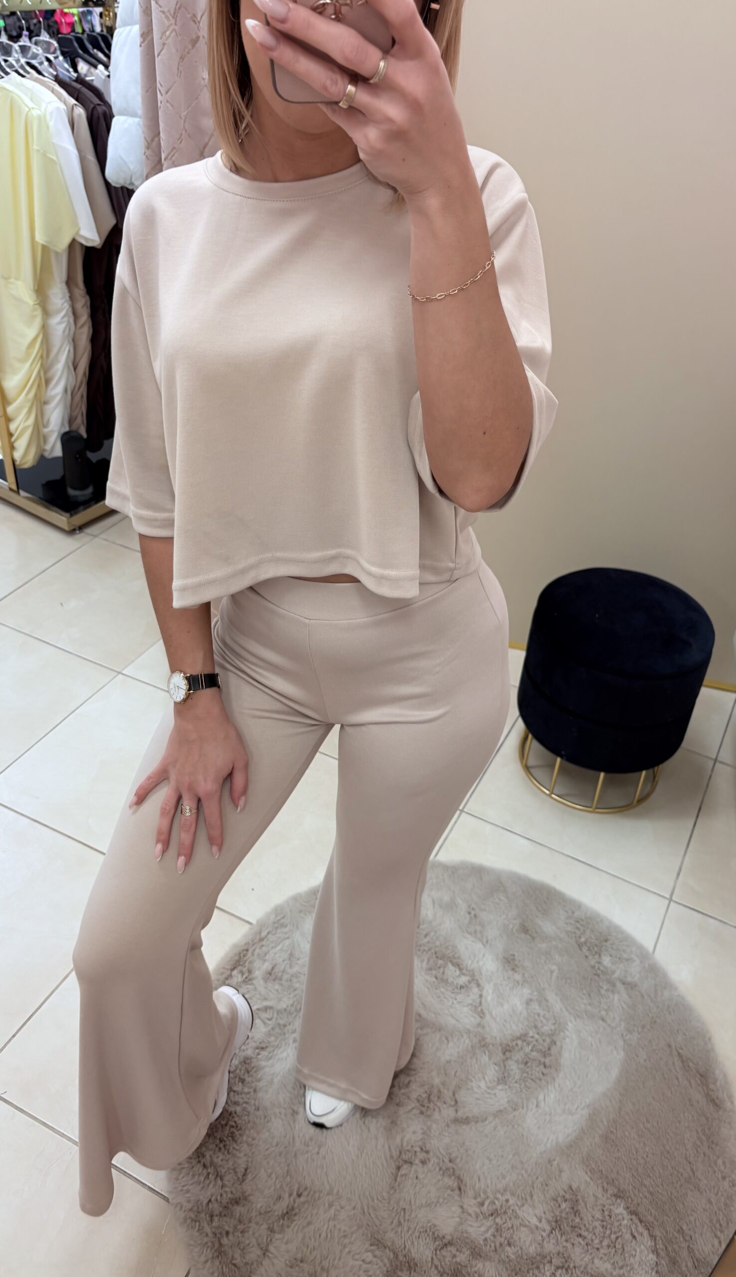 Komplet damski crop top+ spodnie- beżowy