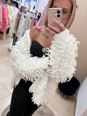 Sweter damski kardigan z frędzlami - biały